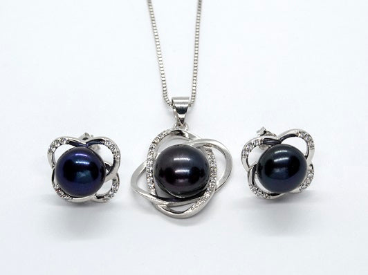 Sterling Silver Knot Pendant and Earrings Set - Black Pearl - Alex Aurum