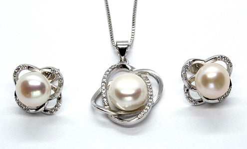 Sterling Silver Knot Pendant and Earrings Set - White Pearl - Alex Aurum